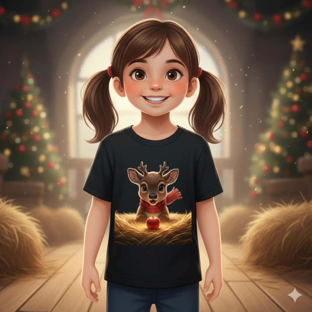 CHRISTMAS YOUTH T-SHIRT-PIPER THE BABY REINDEER
